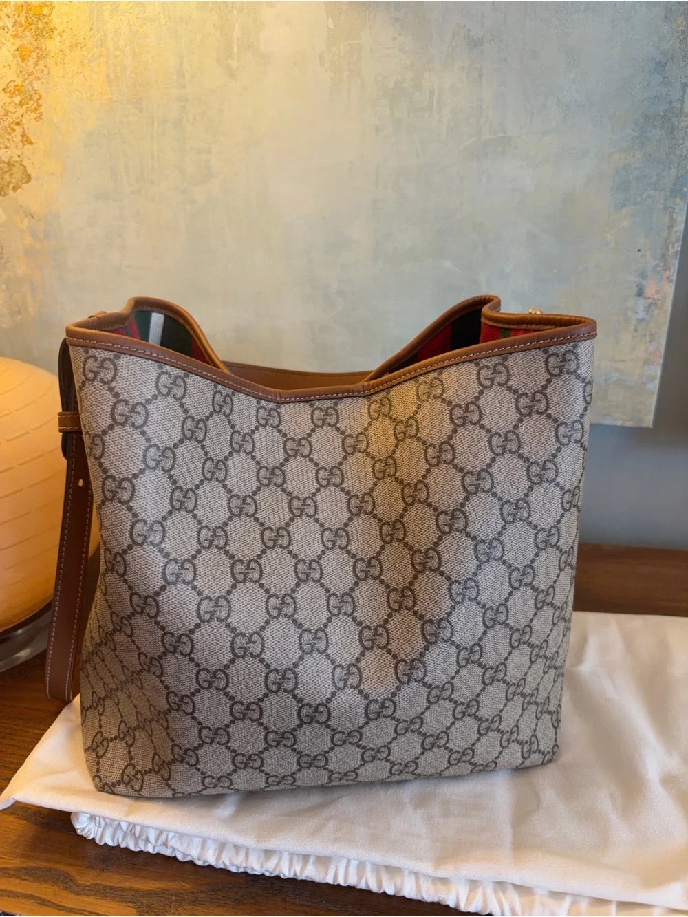 Gucci Beige GG Supreme Canvas Shoulder Bag with Brown Leather Trim